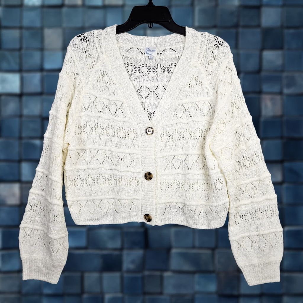 Vintage Blue Rain Cardigan Women's M White Cropped Long Sleeve Knit V-Neck Button All Seasons Modern Size M / US 6-8 / IT 42-44 - 1 Thumbnail
