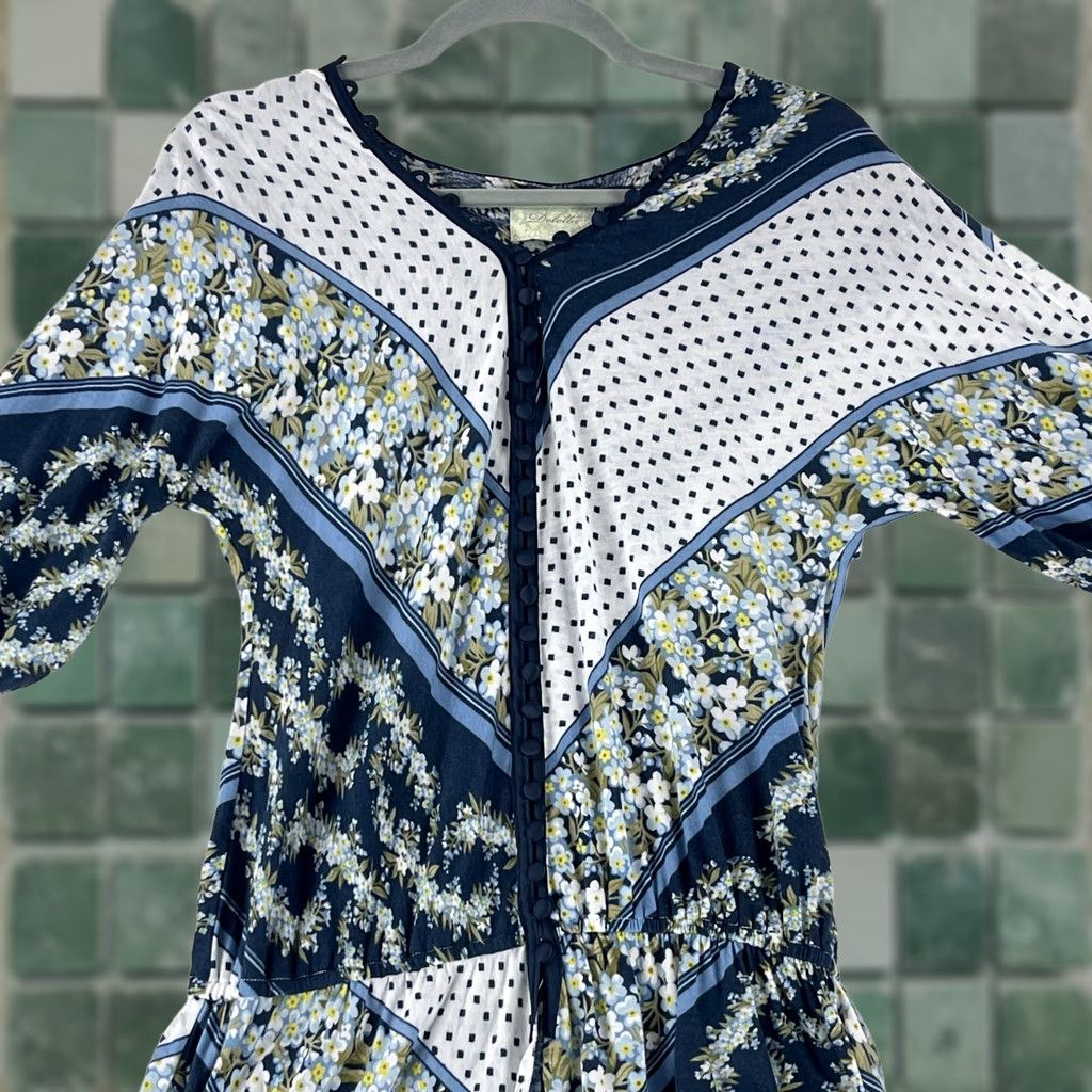 Vintage Deletta Blue Floral Mixed Media Short Sleeve Shirt Womens Pullover Size M Size M / US 6-8 / IT 42-44 - 1 Thumbnail