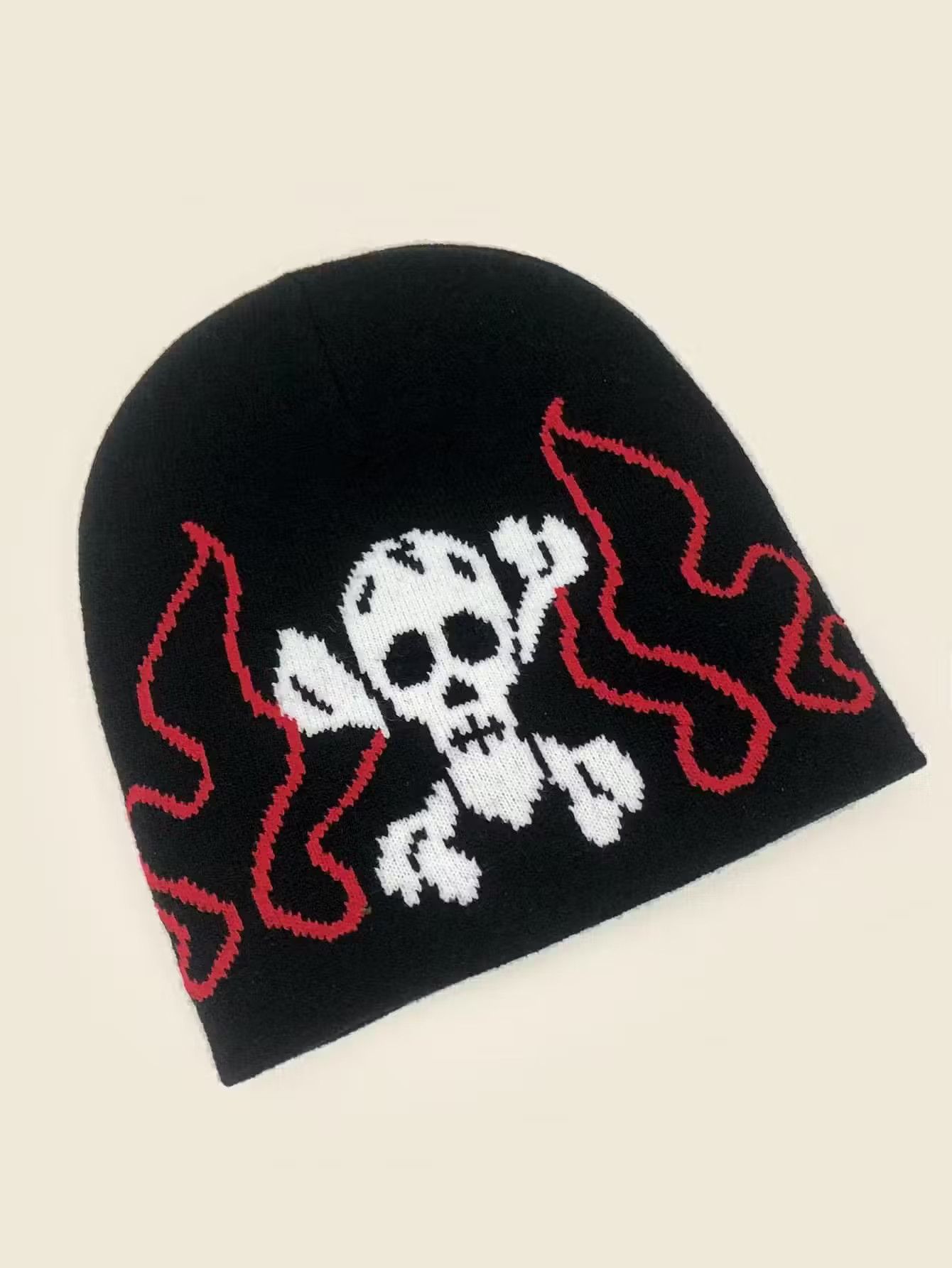 image of Vintage Skull & Fire Pattern Beanie in Black/Red, Men's