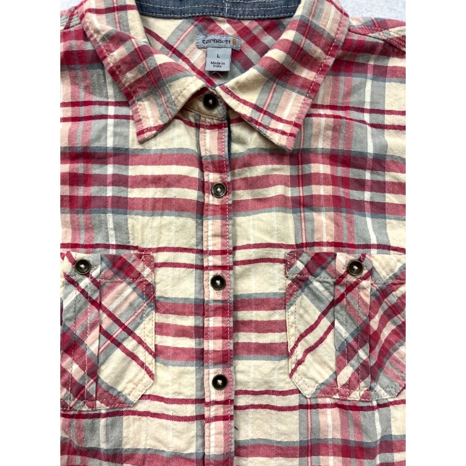 Carhartt Carhartt Womens Shirt Plaid Short Sleeve Button-Up L Red - Cotton Spandex, Lightweight, Outdoor Durable, Two Chest Pockets, Womens Size L / US 10 / IT 46 - 6 Thumbnail