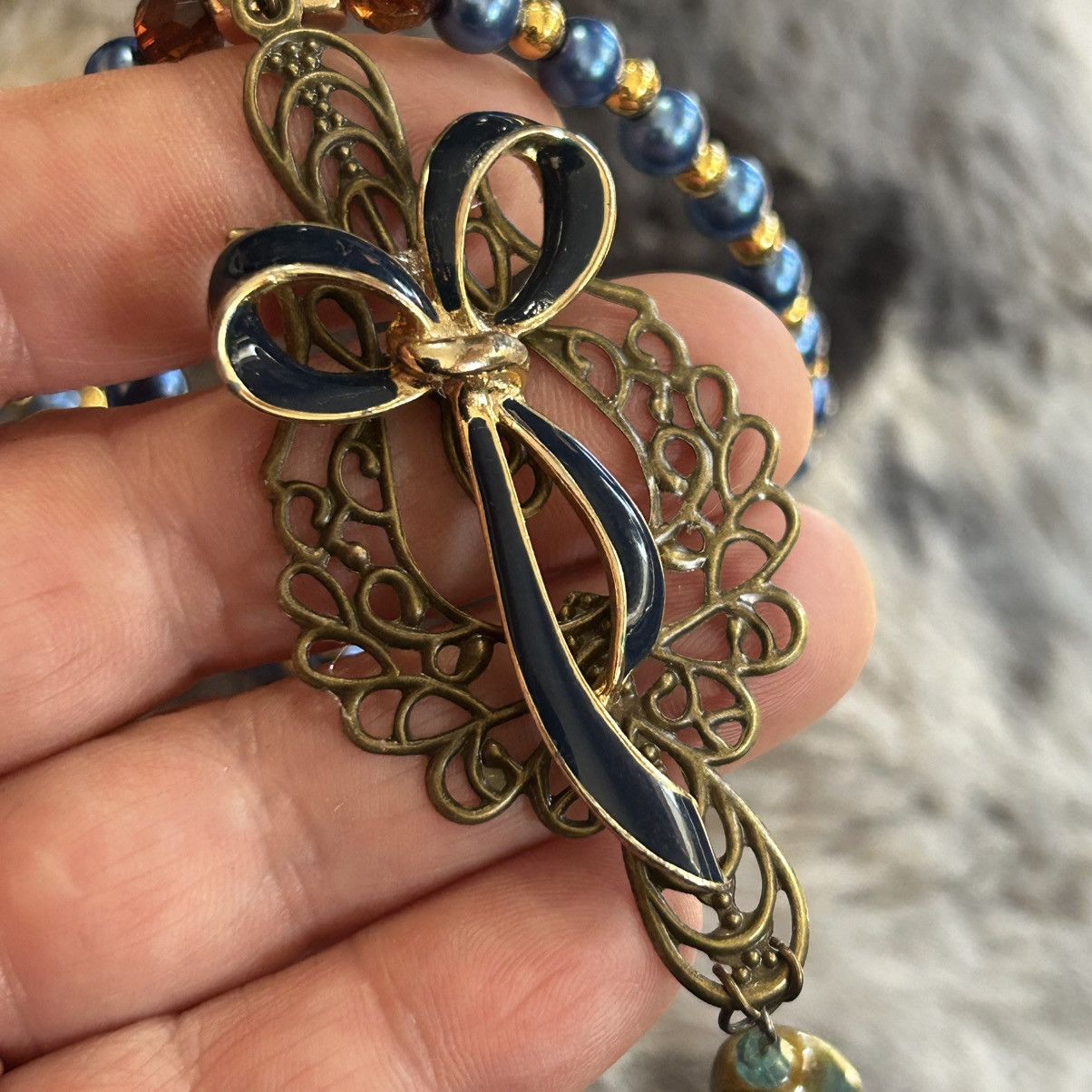 Handmade Handcrafted Czech glass pearl filigree bow pendant necklace Size ONE SIZE - 6 Thumbnail