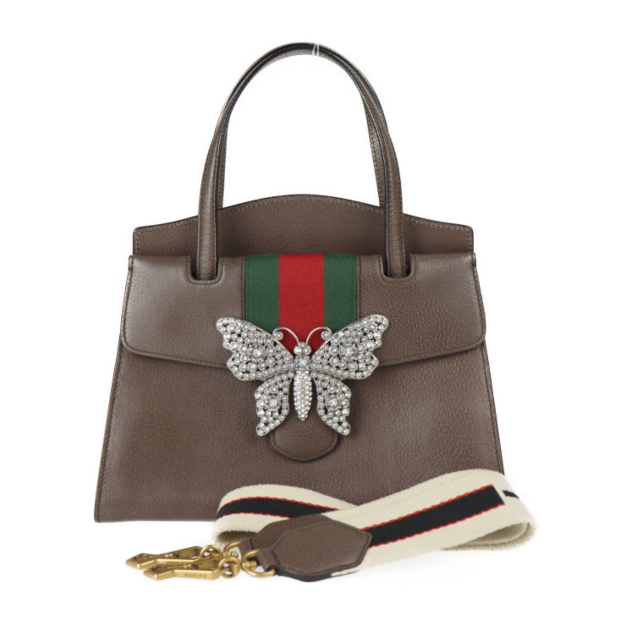 image of Gucci Totem Sherry Handbag 505342 Leather Rhinestone Brown 2Way Shoulder Bag Butterfly Motif in Bla