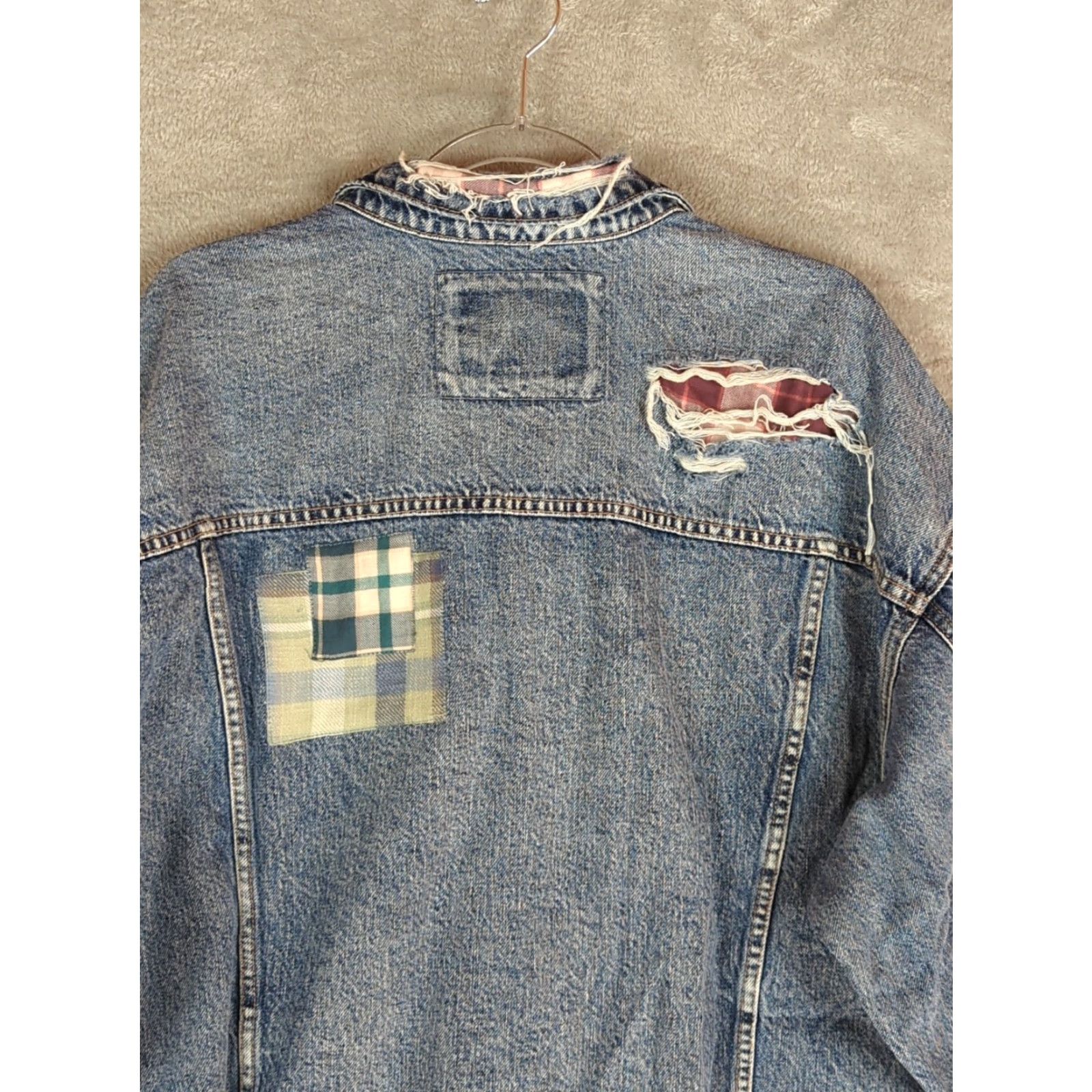 American Eagle Outfitters VINTAGE American Eagle Boyfriend Jean Jacket XL Blue Patchwork Distressed Oversized Size 40" / US 18 - 4 Thumbnail