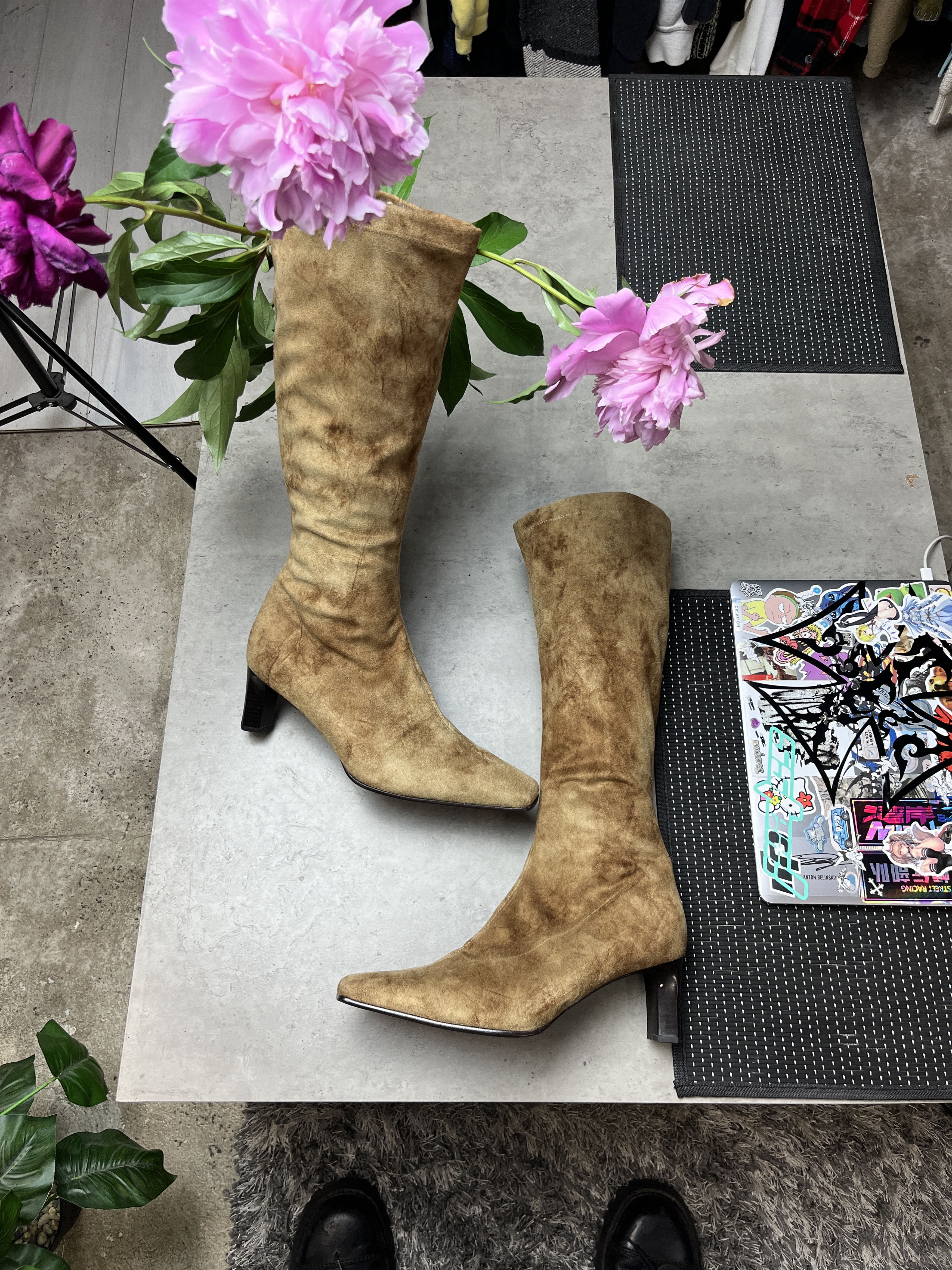 Other 1990s SUEDE SQUARE TOE TALL KITTEN HEEL BOOTS - 5148 Size US 7.5 / IT 37.5 - 4 Thumbnail