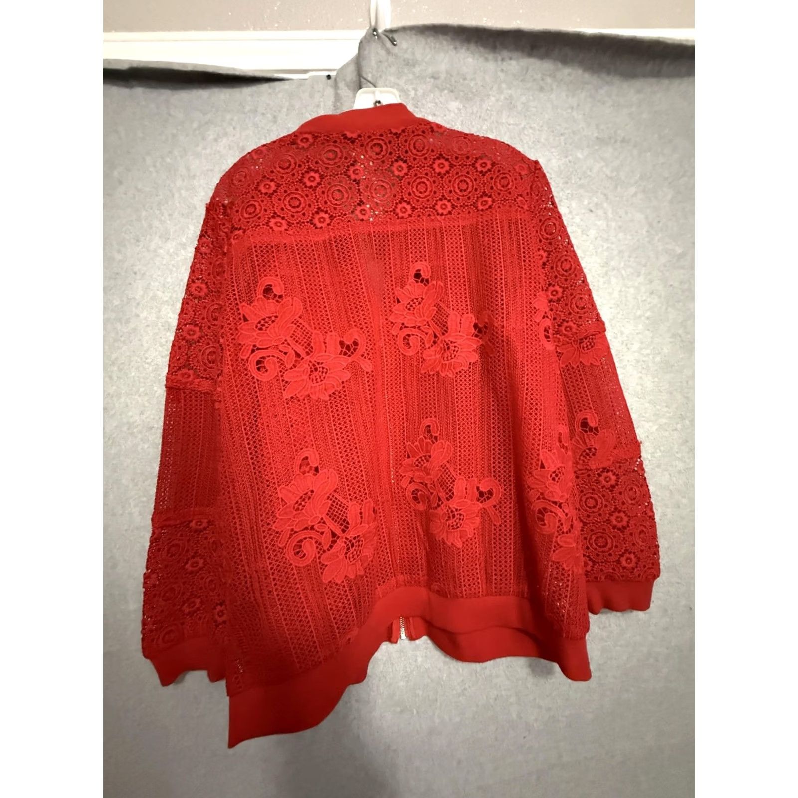 Vintage Chico's Jacket Womens 2 Red Lace Floral Bomber Zip Front Sheer Unlined Size XS / US 0-2 / IT 36-38 - 2 Thumbnail
