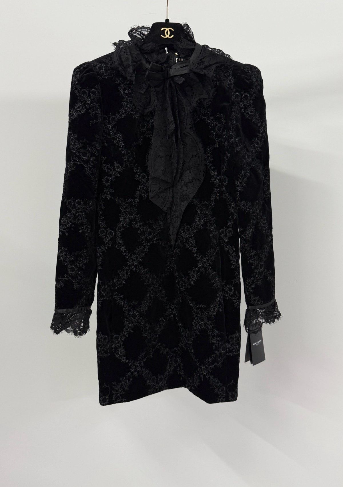 Saint Laurent Paris Saint Laurent Black Velvet Lace Bow Dress Size S / US 4 / IT 40 - 1 Thumbnail