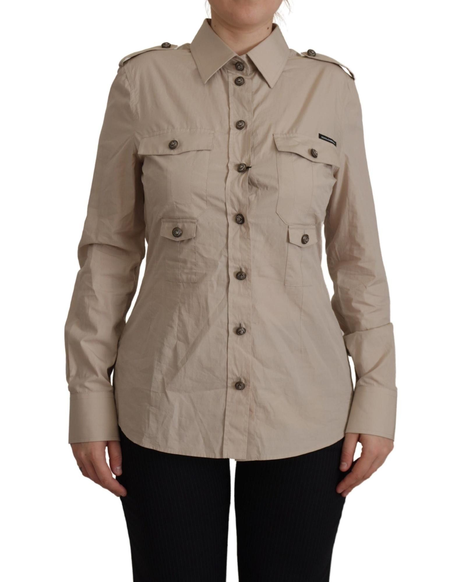 image of Dolce Gabbana Poplin Safari Fitted Pocket Collared Shirt in Beige, Women's (Size Medium)