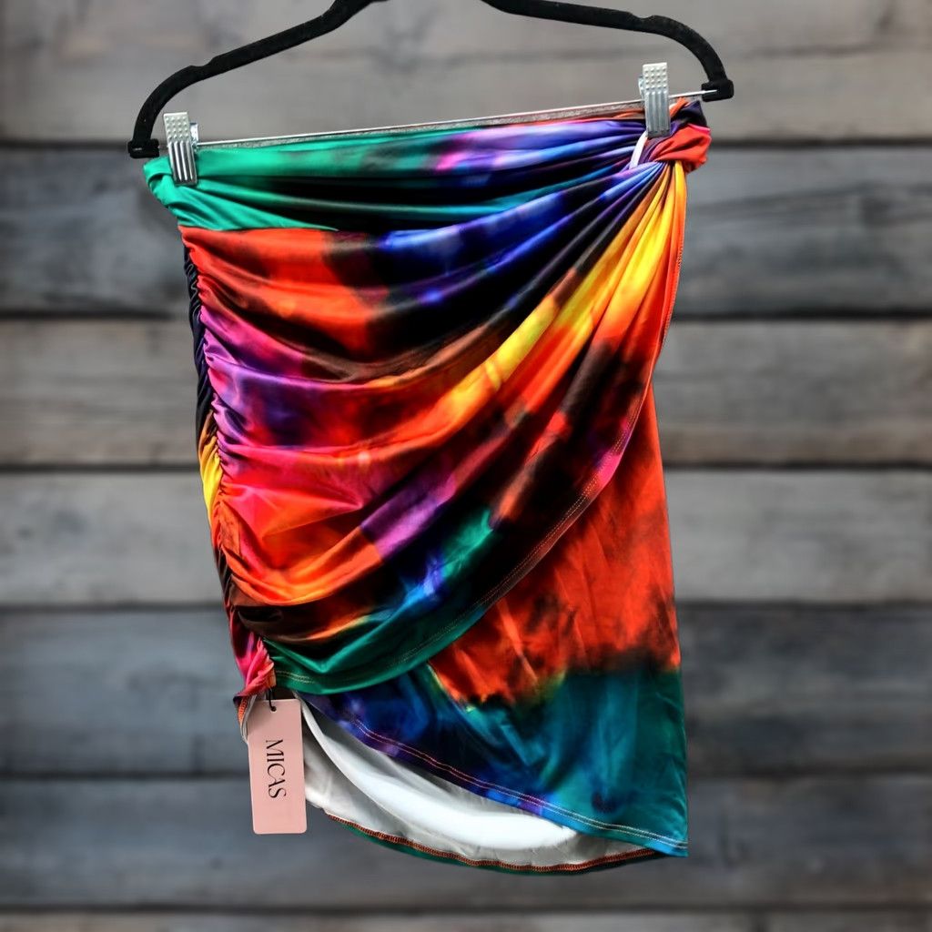 Rainbow NWT MICAS Ruched Wrap Rainbow Mini Skirt Womens M Tie Dye Bodycon Pull On Skirt Size 32" / US 10 / IT 46 - 1 Thumbnail