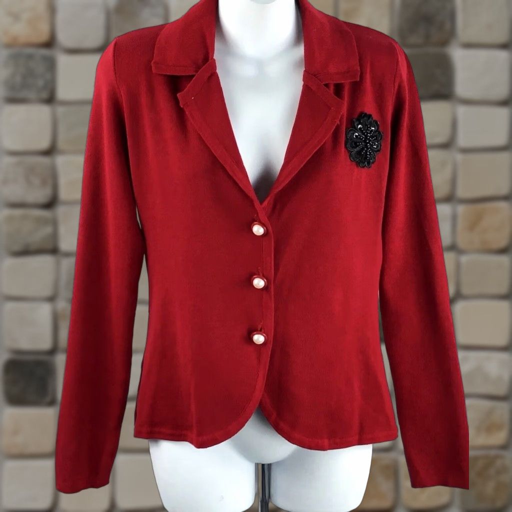 FRED NWT Red Cardigan Knit Sweater Top M Red Pearl Button Front V-Neck Bead Applique Women Size M / US 6-8 / IT 42-44 - 1 Thumbnail