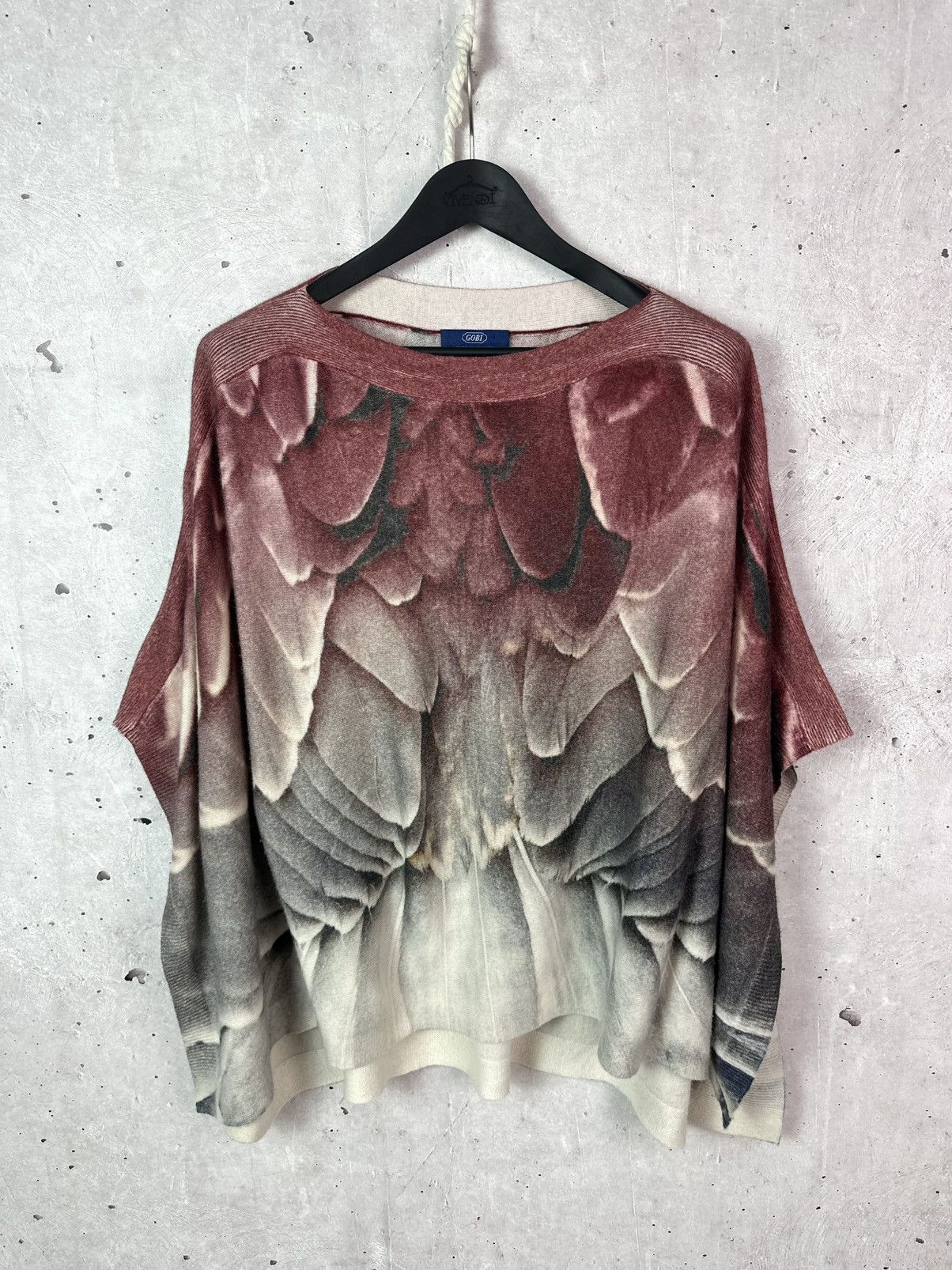 Vintage Gobi Feather Print Mongolian Cashmere Knit Oversized Poncho Size L / US 10 / IT 46 - 1 Thumbnail