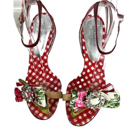 image of 37 Dolce Gabbana Floral Print Bow Sandals Crystal Buckle Vi in Red, Women's