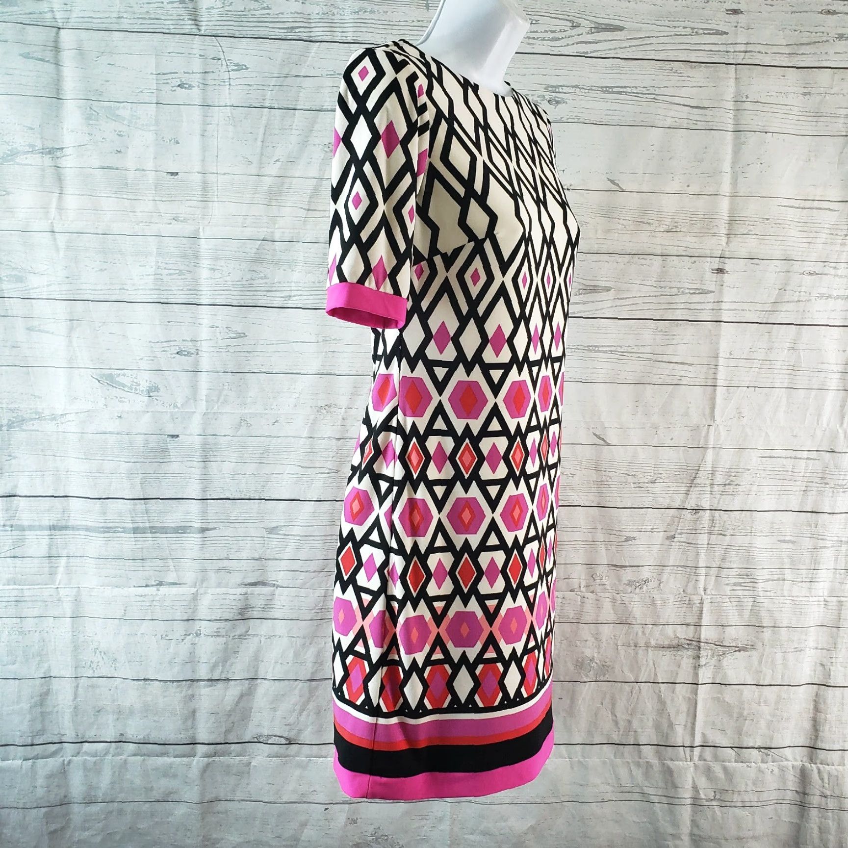 Vintage Eliza J Womens Dress 0P Black Pink Geometric Exposed Zipper Half Sleeve Short Dress Polyester Blend Zip Shift Petite Womens Size XS / US 0-2 / IT 36-38 - 3 Thumbnail