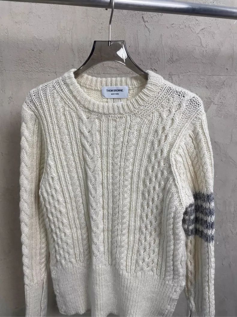 Thom Browne Thom browne Beige four-striped wool round-neck sweater 2504 Size US S / EU 44-46 / 1 - 3 Thumbnail