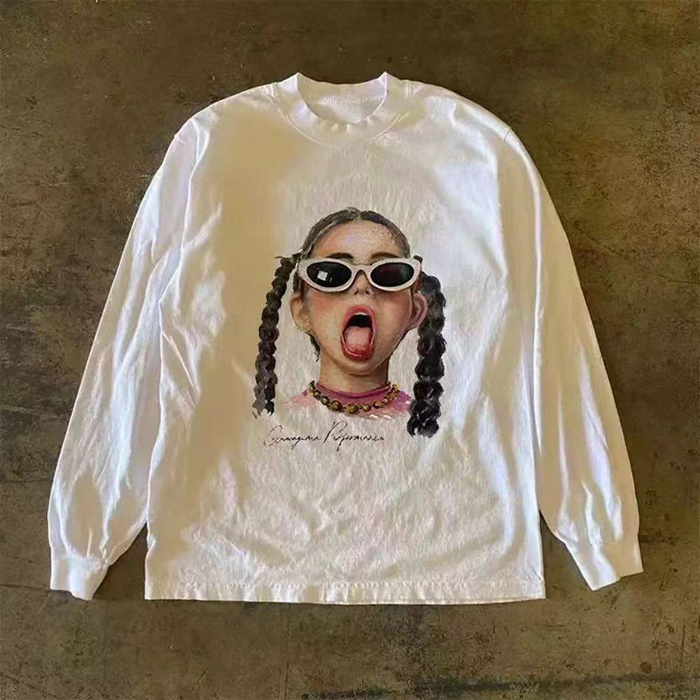 Vintage White washed retro hip-hop girls' print long-sleeved T-shirt Size US M / EU 48-50 / 2 - 1 Thumbnail
