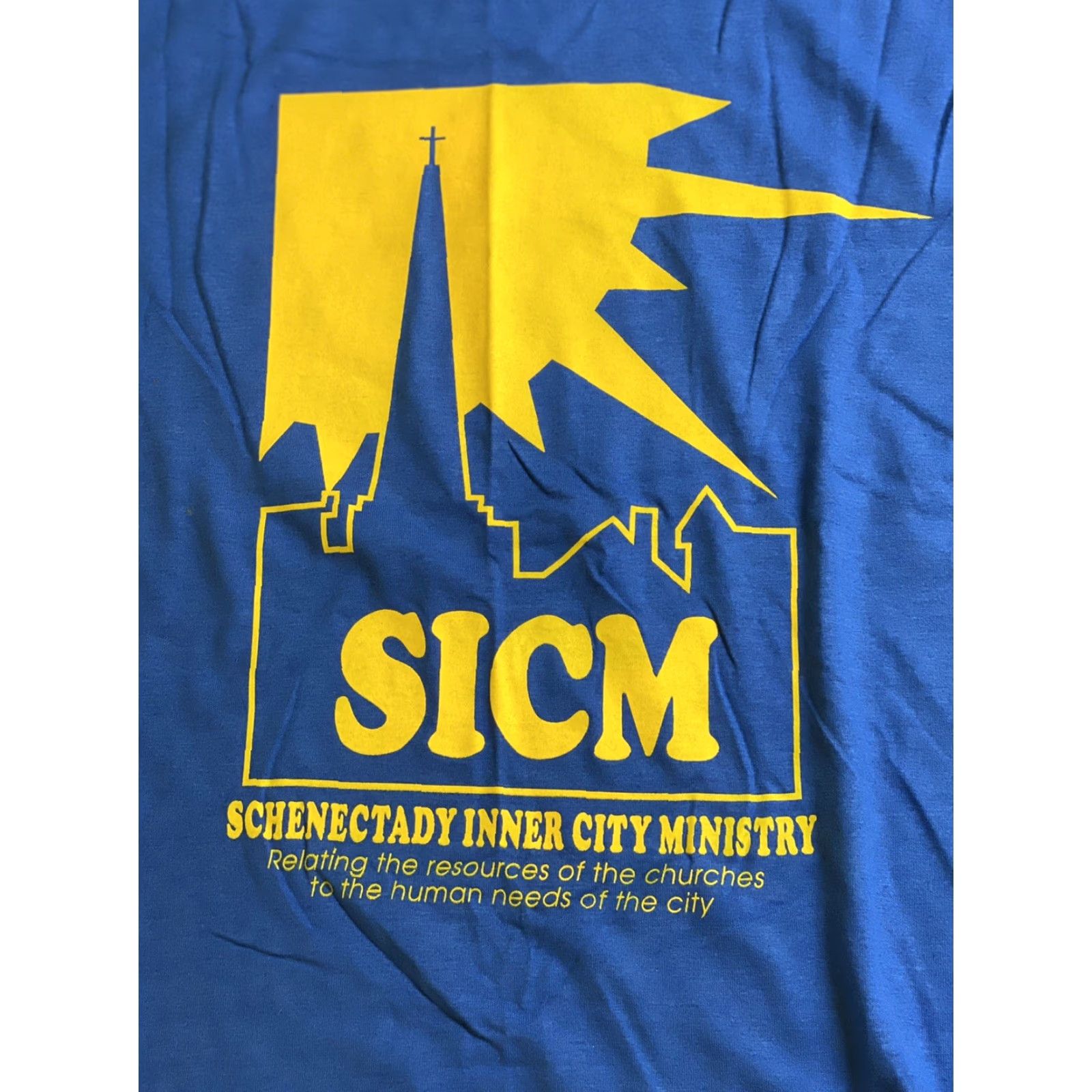Fruit Of The Loom VINTAGE Mens New NOS Schenectady inner city Ministry T-shirt Large L Blue Church Size US L / EU 52-54 / 3 - 5 Thumbnail