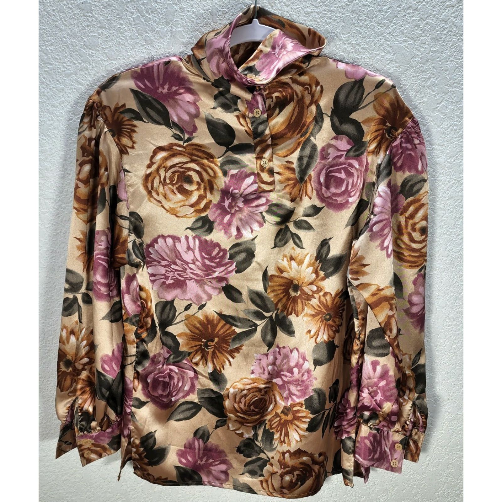 Vintage VINTAGE La Chine Classic Puff Sleeve High Neck Blouse Dusty Pink Womens 6 Galinda Wang Roses Retro (H) Size M / US 6-8 / IT 42-44 - 5 Thumbnail