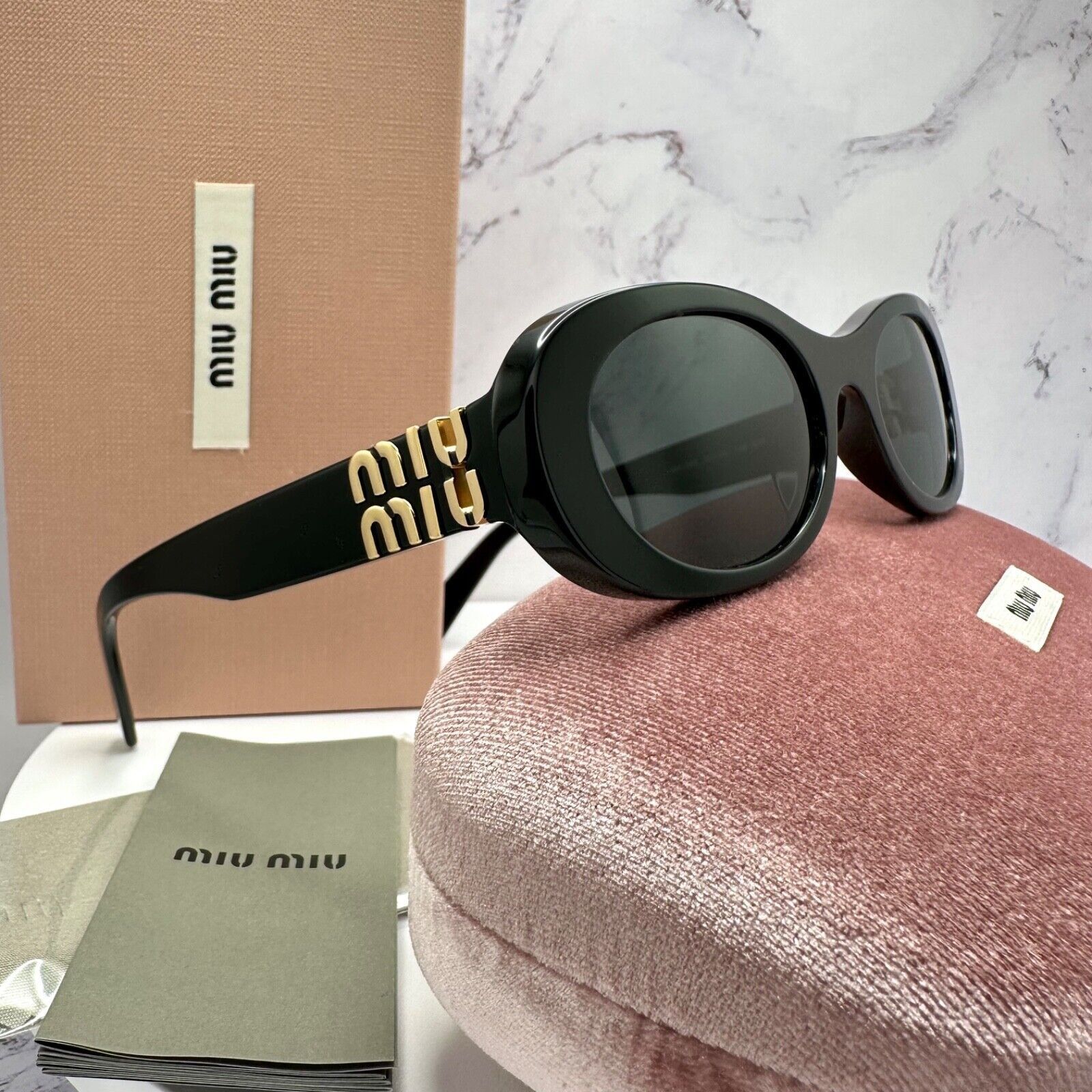Miu Miu MIU MIU Sunglasses New Black Oval Gold Metal Logo Authentic Size ONE SIZE - 1 Thumbnail