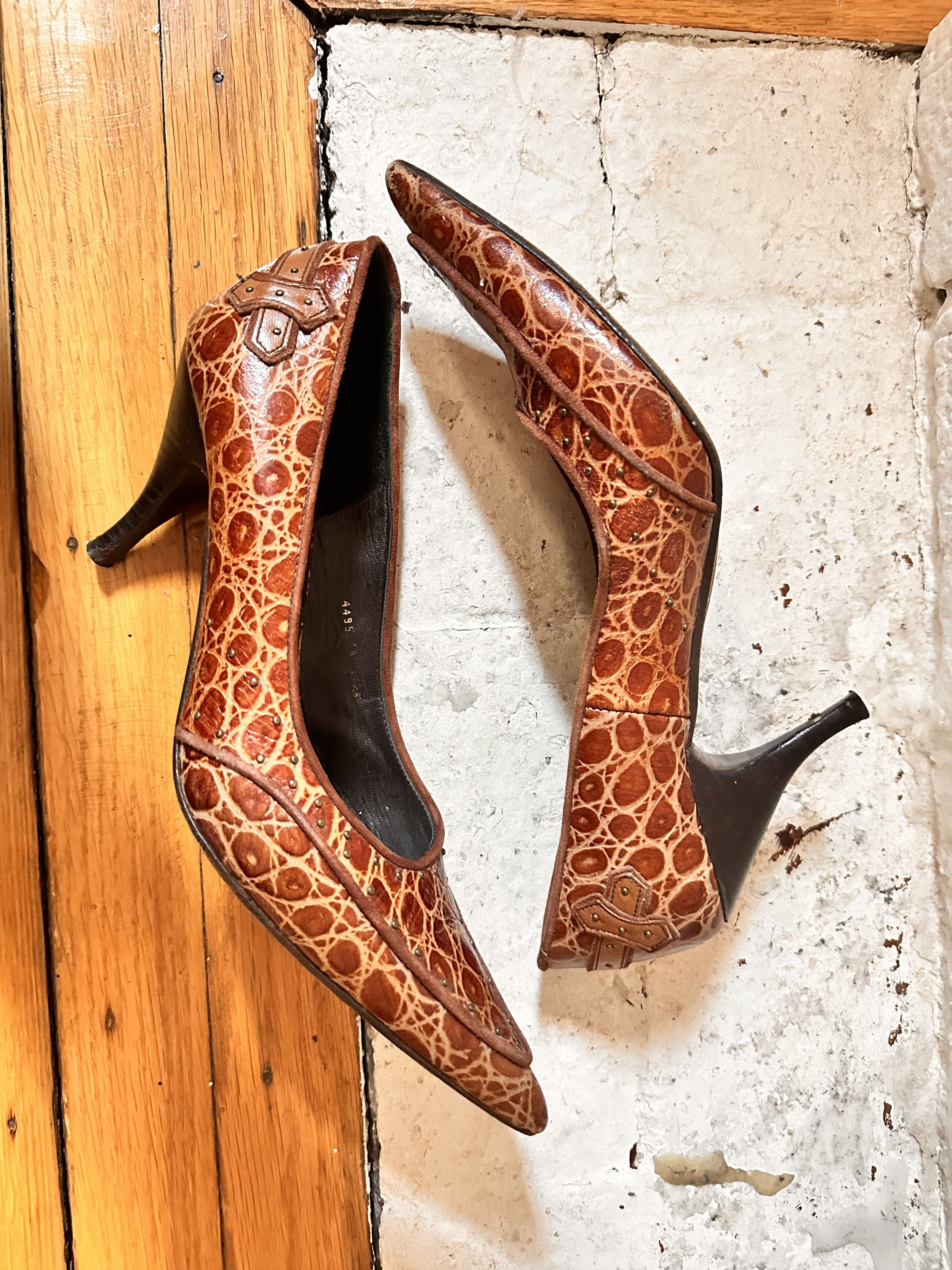 Leather VINTAGE Y2K DESIGNER BROWN LEATHER STUDDED HEELS_ 8US Size US 8 / IT 38 - 4 Thumbnail