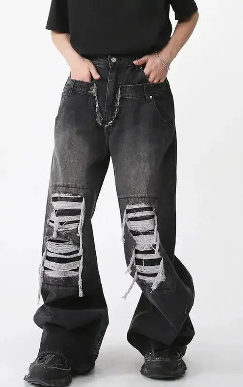 Japanese Brand Double waist ripped patchwork Baggy jean Size US 30 / EU 46 - 2 Thumbnail