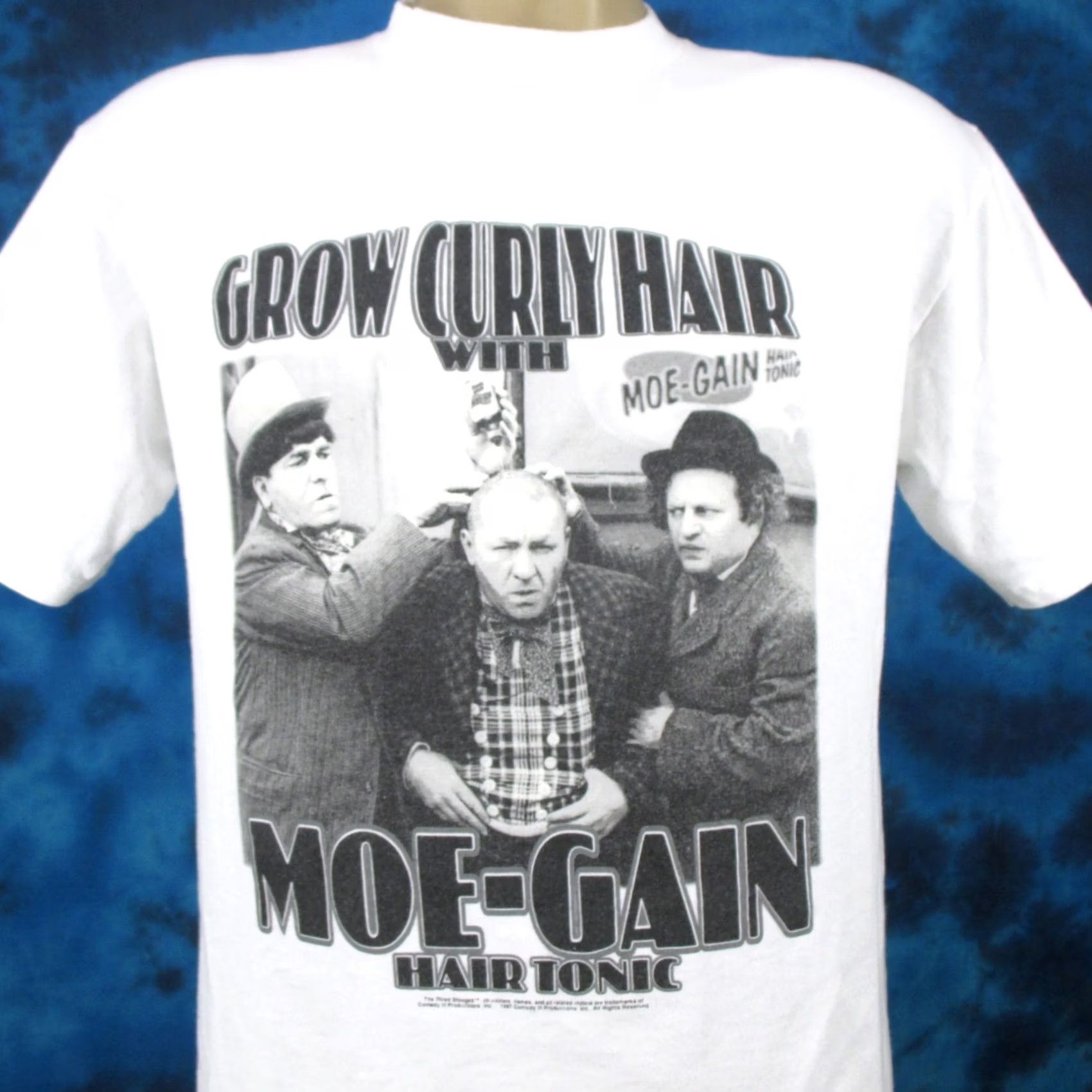 Vintage vintage THE THREE STOOGES MOE-GAIN HAIR TONIC T-Shirt M white 80s 90s adult Mens comedy shirt Size US M / EU 48-50 / 2 - 4 Thumbnail