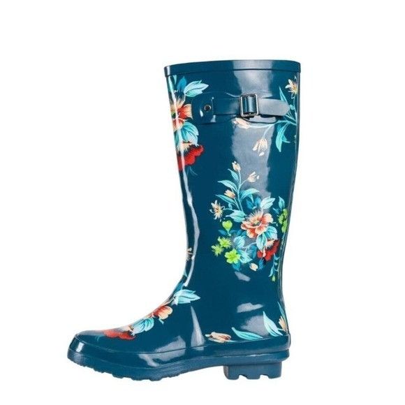 Other Rainy Day Floral Waterproof Boots Buckle Detail Tall Blue Ga Size US 7 / IT 37 - 1 Thumbnail