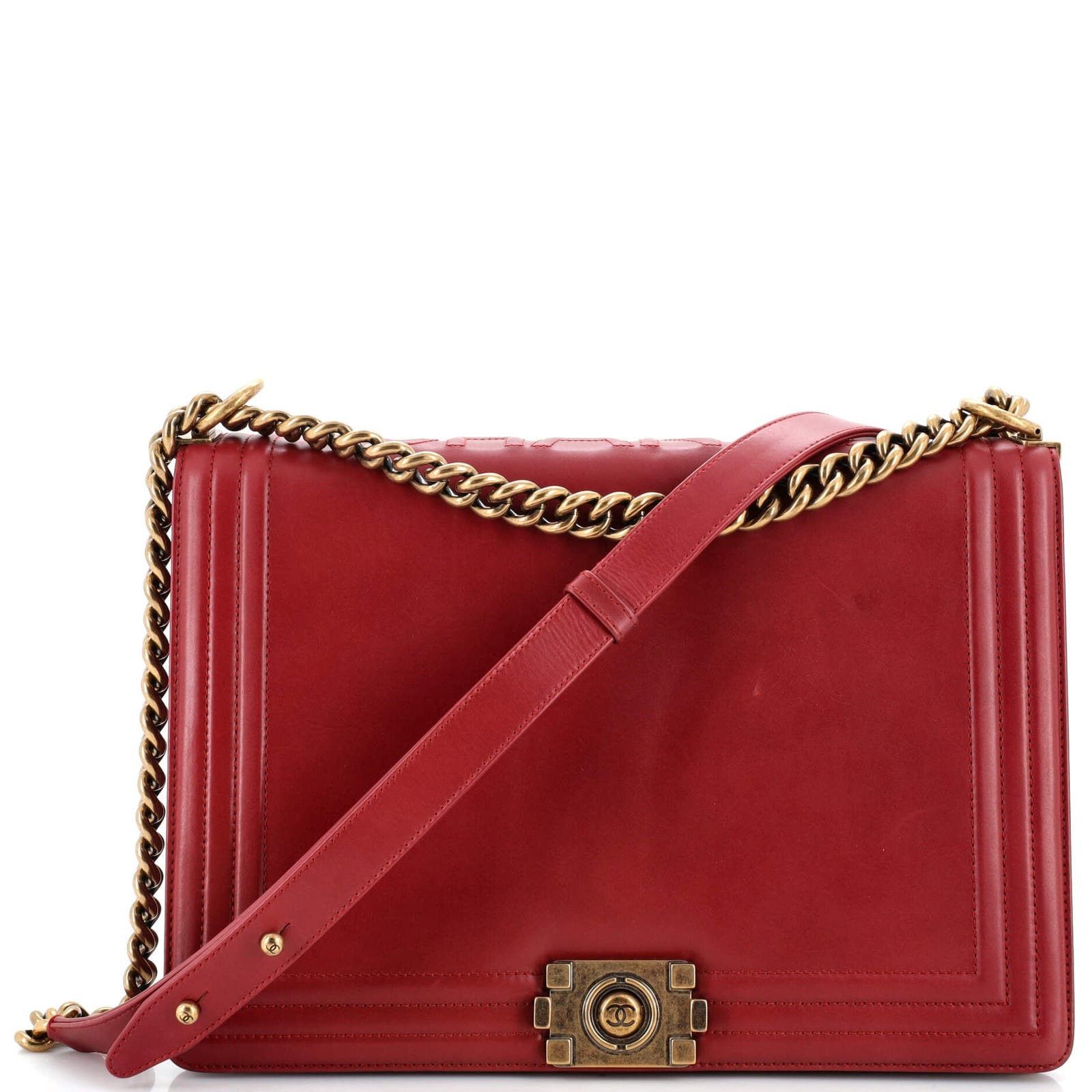 image of Chanel Reverso Boy Flap Bag Glazed Calfskin New Medium in Red, Women's