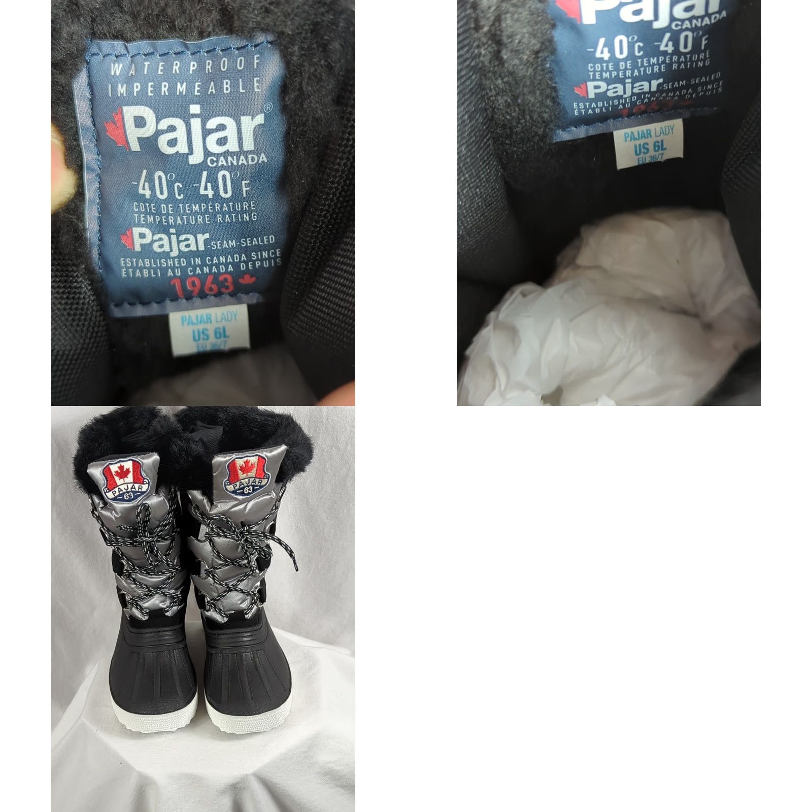 Pajar Pajar Women Snow Boots Black/Silver Lace Up Waterproof Faux Fur Trim Wool Blend Lined Winter Boots 6M Size US 6 / IT 36 - 8 Thumbnail