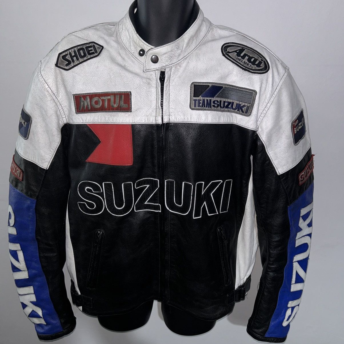 image of Leather Jacket Suzuki Racing Team Leather Biker/ Motorcycle Jacket Size Xxl in Black/White, Men's