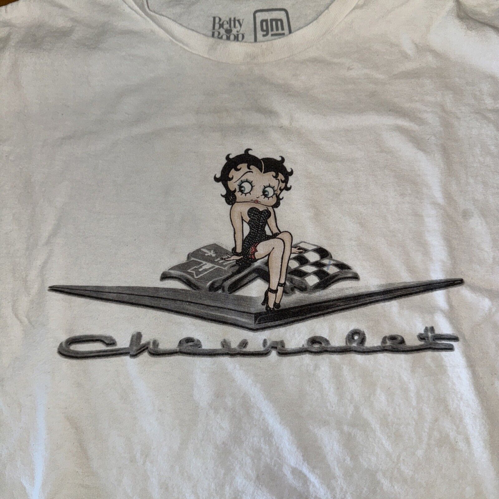 Chevrolet × Vintage Betty Boop Chevy T-Shirt Cropped XL 22x19 White Size XL / US 12-14 / IT 48-50 - 2 Thumbnail