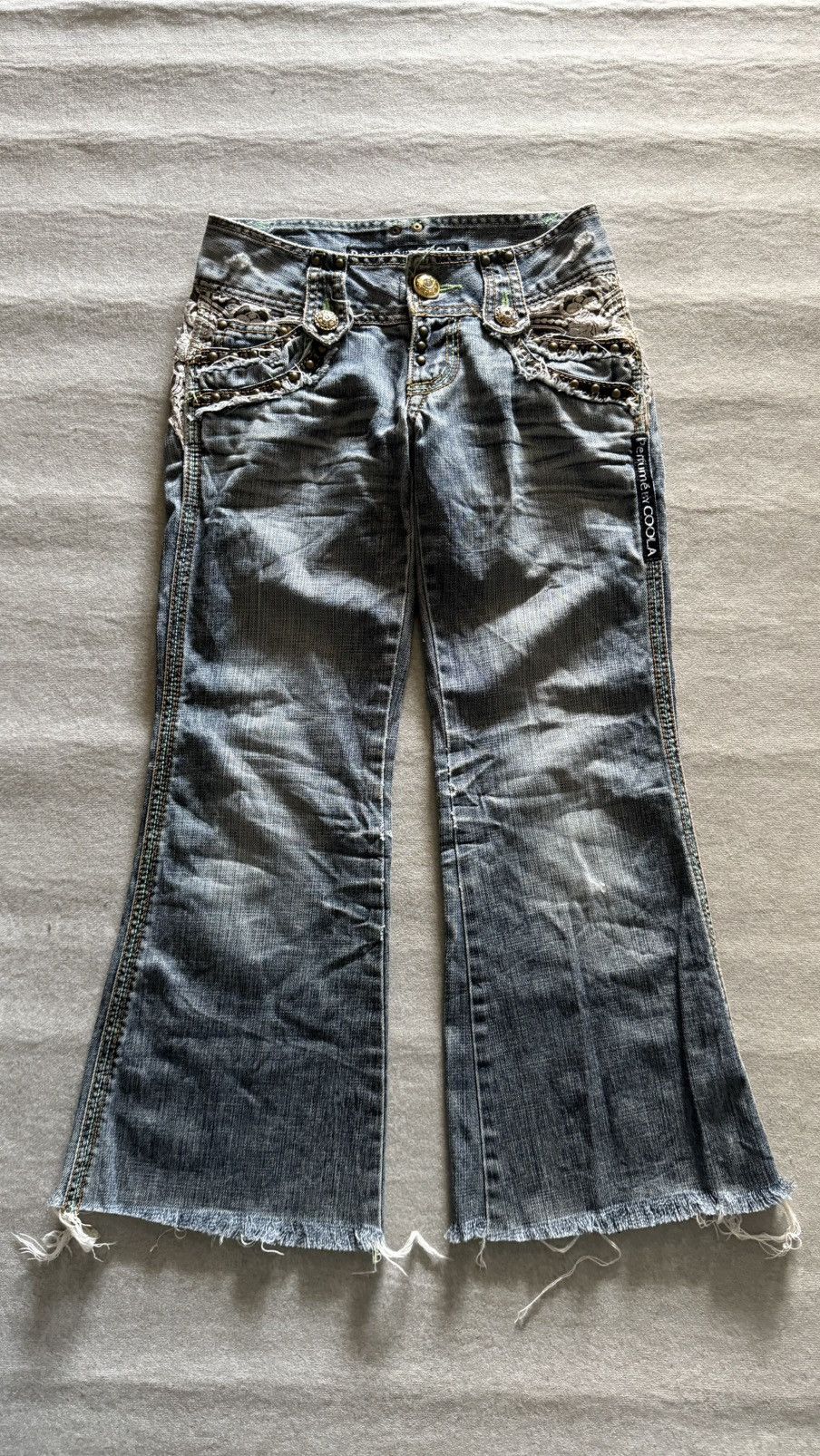 Japanese Brand Perfume by COOLA Distress Flare Denim Jeans Lace Patchwk Y2K Size 27" / US 4 / IT 40 - 4 Thumbnail