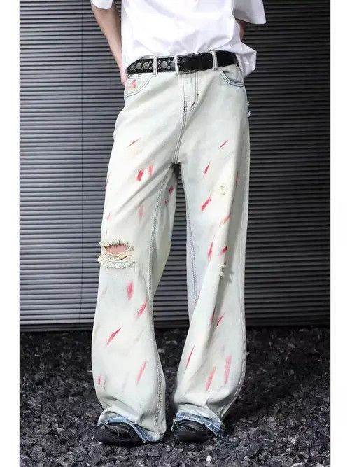 Japanese Brand Splashed retro raw edge ripped baggy jeans Size US 32 / EU 48 - 1 Thumbnail