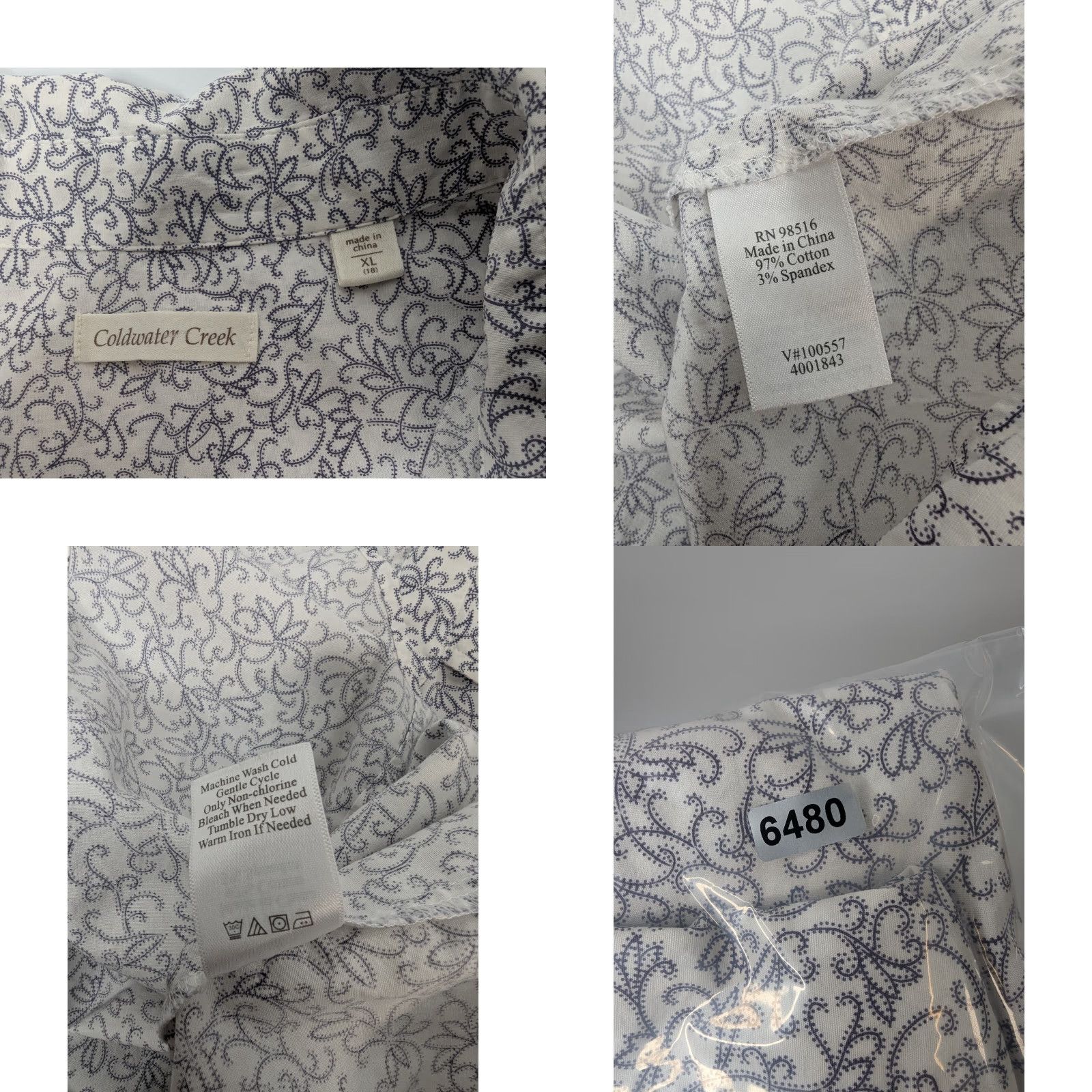 Coldwater Creek Coldwater Creek Blouse Womens XL Floral White 3/4 Sleeve V-Neck Button Cotton Size XL / US 12-14 / IT 48-50 - 8 Thumbnail
