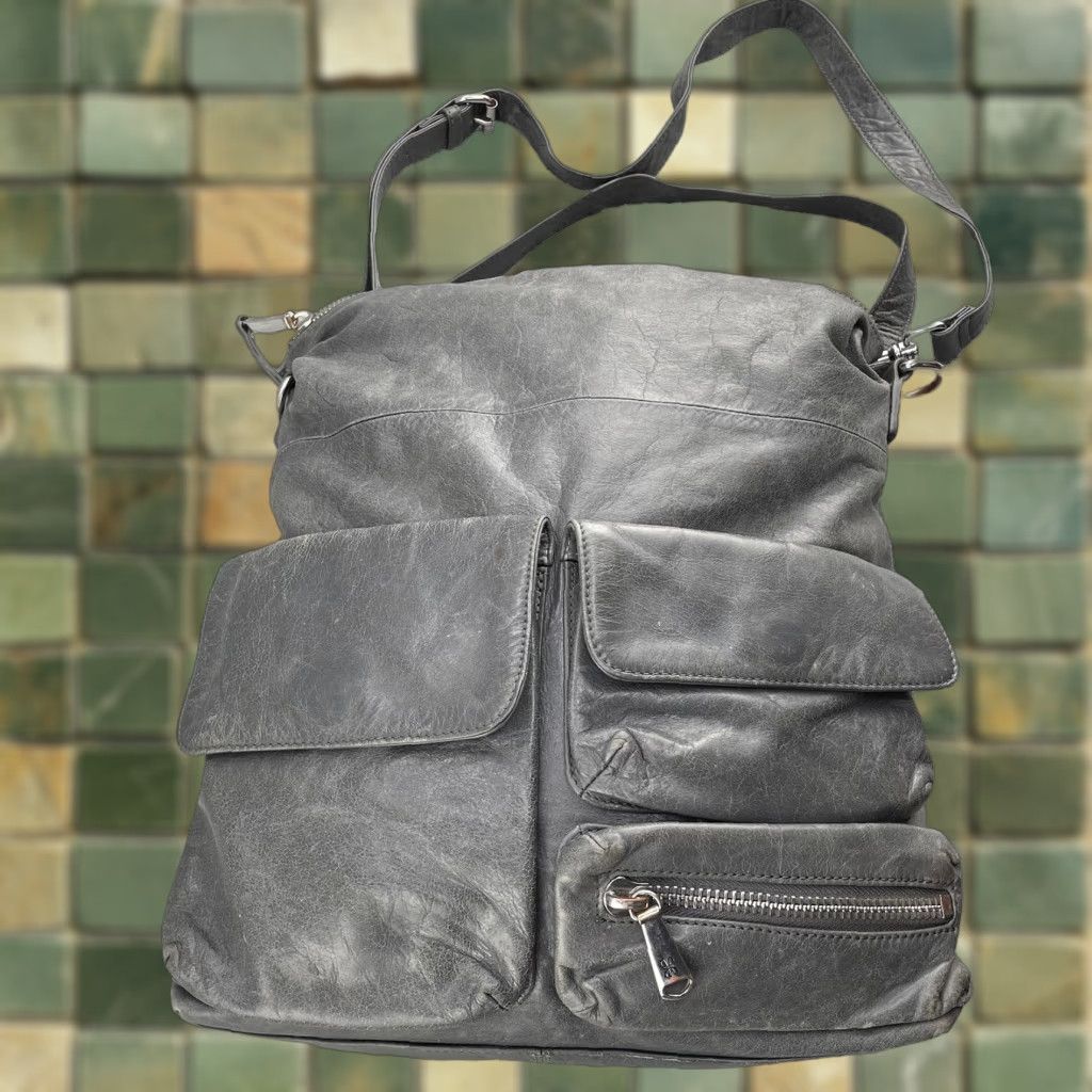 VINTAGE Hobo Bag Purse Gray Leather Shoulder Strap Boho Multipocket Paisley Lined Travel Bag