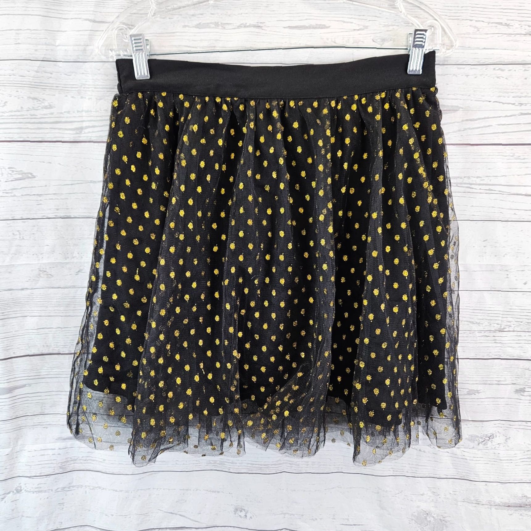 Vintage Modcloth Womens Skirt Polka Dot Black Gold Mini Pull On M Satin Polyester Short 90s Womens Size 32" / US 10 / IT 46 - 2 Thumbnail