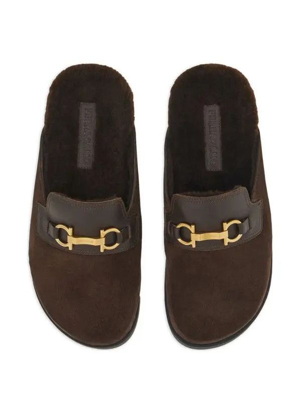 Salvatore Ferragamo o1s1rm0126 Gancini Wool & Leather Mules in Brown Size US 10 / EU 43 - 4 Thumbnail