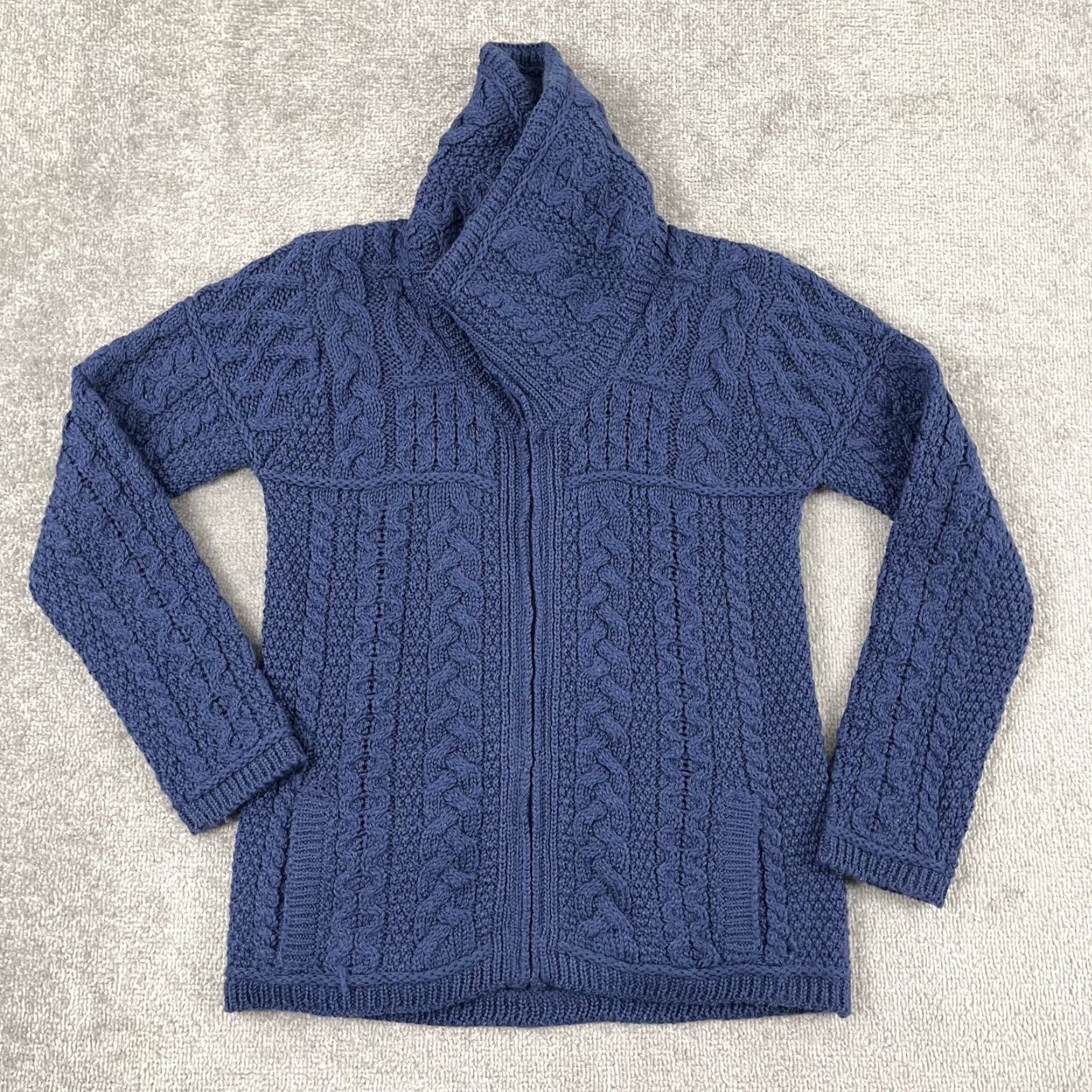 Vintage ARAN MOR Sweater Womens Small Blue Merino Wool High Neck Full Zip Cable Knit Classic Size S / US 4 / IT 40 - 2 Thumbnail