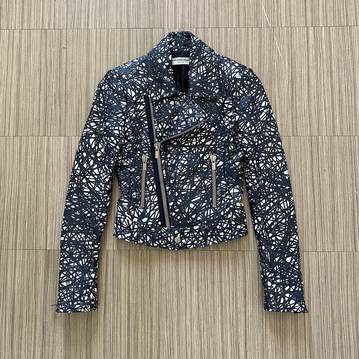image of Balenciaga Printed Leather Biker Jacket in White/Black, Women's (Size 2XS)