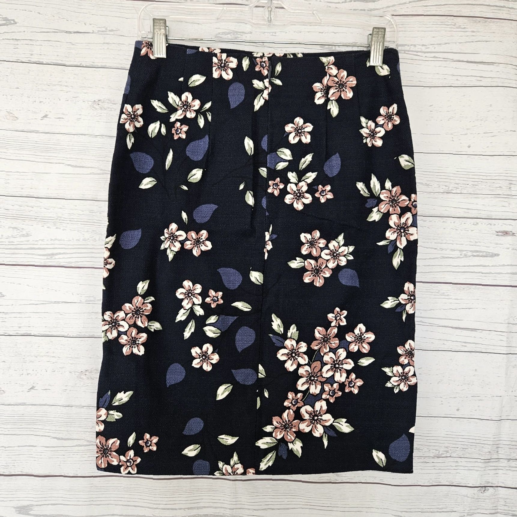 Loft LOFT Ann Taylor Womens Pencil Skirt Sz 2 Blue Pink Floral Cotton Blend Knee Length Zip Slim Straight & Pencil Womens Size 26" / US 2 / IT 38 - 3 Thumbnail