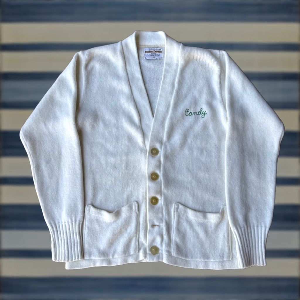 Vintage VINTAGE Athletic Knitwear Varsity Lettermans School Sweater Cardigan Unisex Adults 38 White Long Sleeve V-Neck Embroidered Patch Logo Pockets Size XS / US 0-2 / IT 36-38 - 1 Thumbnail