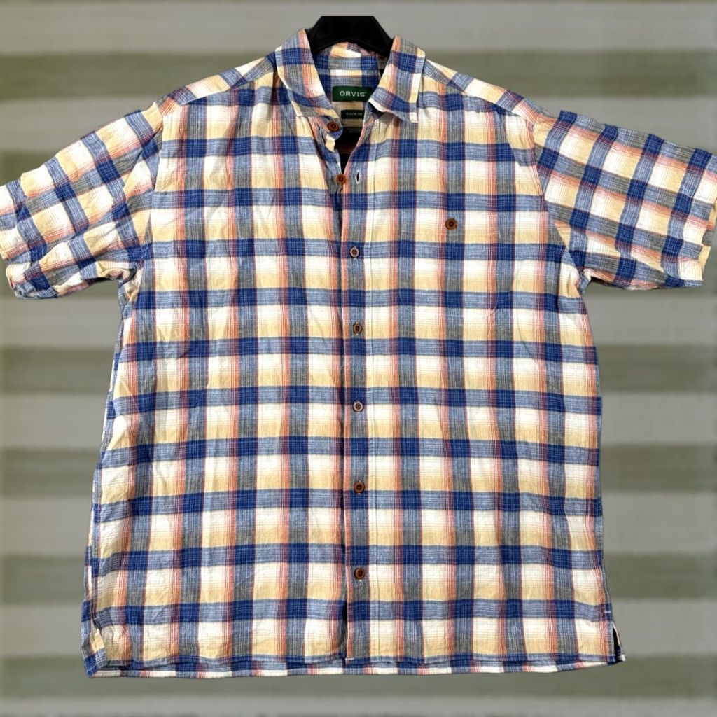 Orvis VINTAGE ORVIS Shirt Mens L Blue Beige Plaid Stretch Classic Fit Button Up Short Sleeve Size US L / EU 52-54 / 3 - 1 Thumbnail