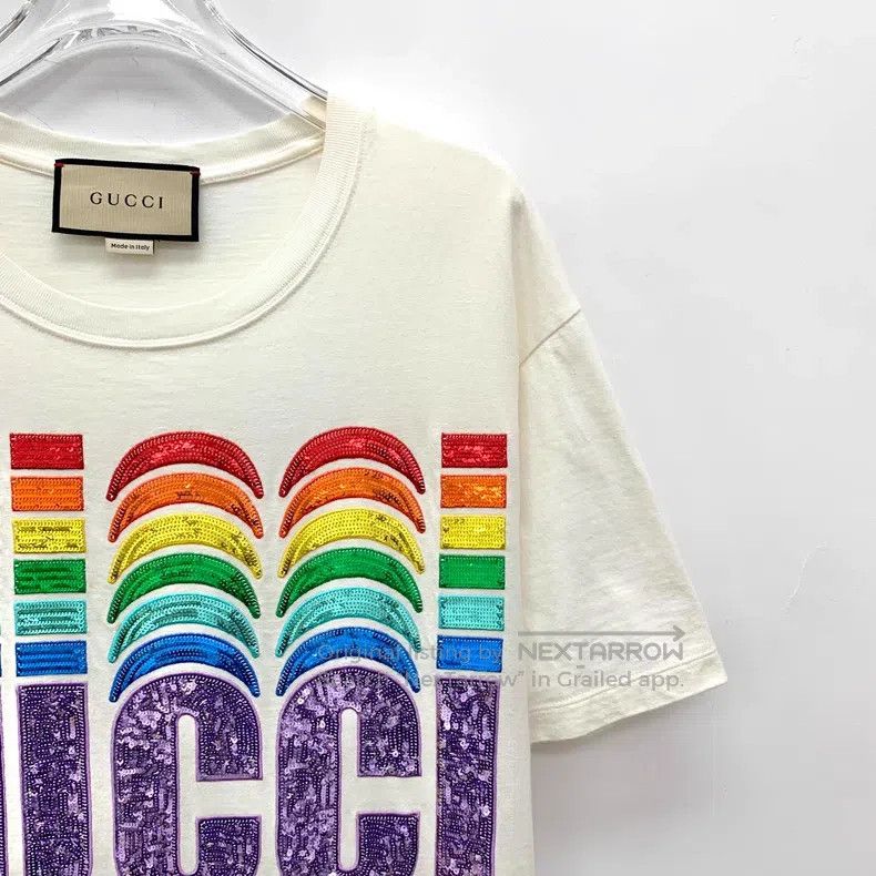 Gucci Gucci 23 beige logo letter sequin design cotton round-neck Size S / US 4 / IT 40 - 3 Thumbnail