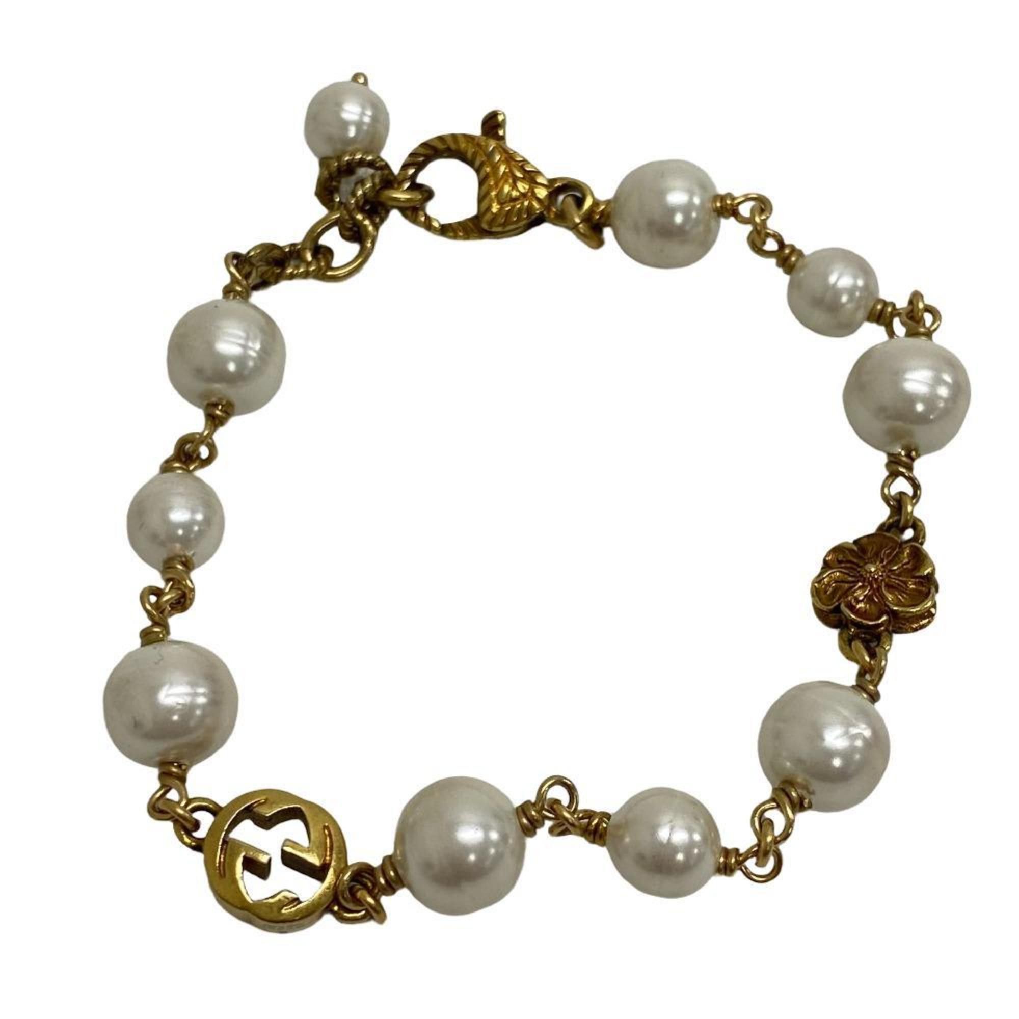 image of Gucci Interlocking G Fake Pearl Flower Bracelet Gold Ladies, Women's