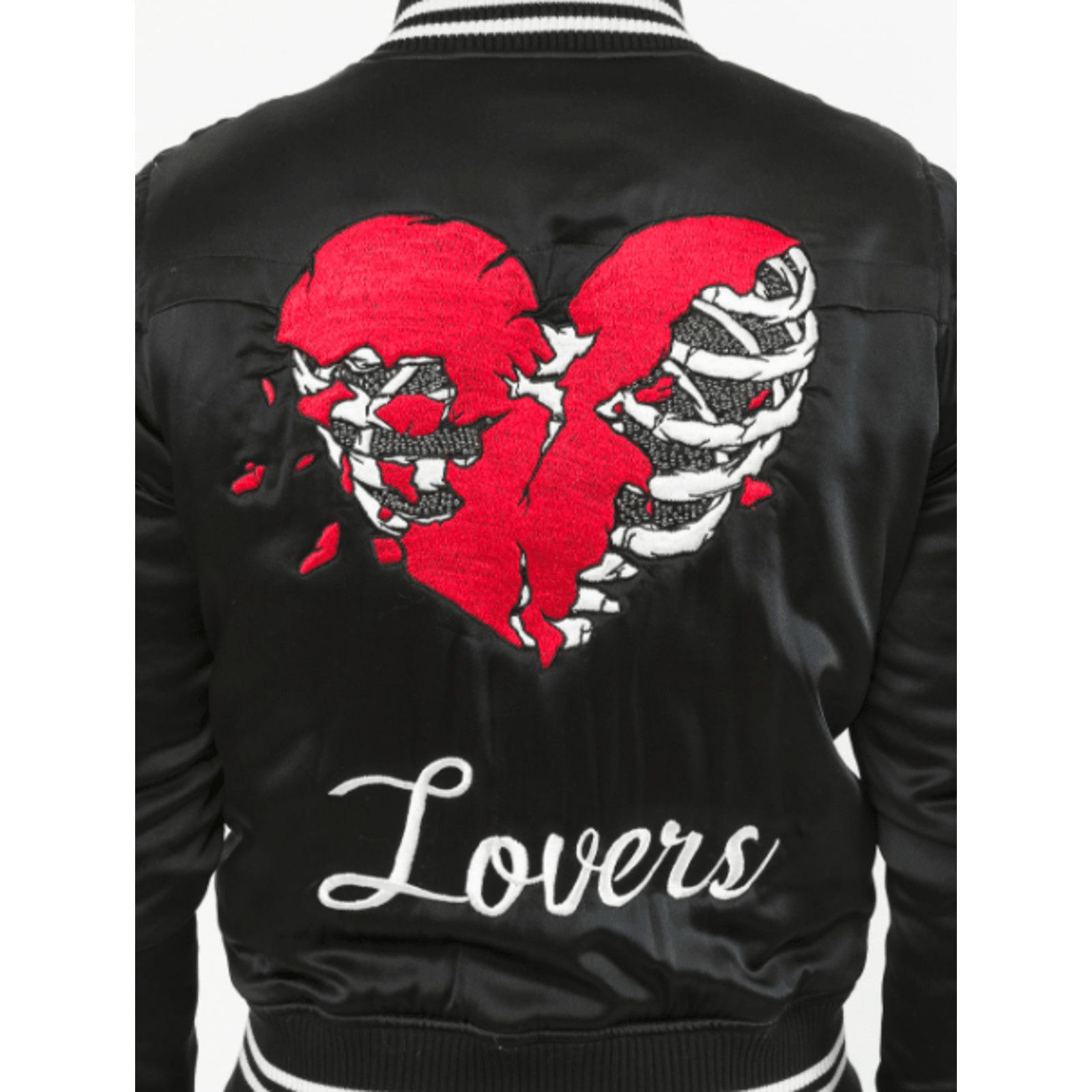 image of Amiri Lovers Logo Satin Bomber Jacket Black Red, Men's (Size Small)