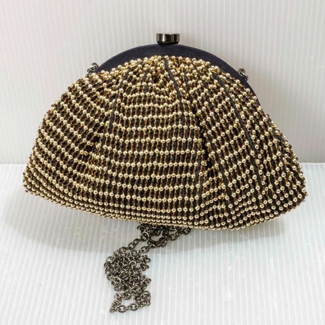 Vintage Santi Gold Beaded Bag with Chain Handle Crossbody Women's Gold Satin Interior India Adjustable Size ONE SIZE - 2 Thumbnail