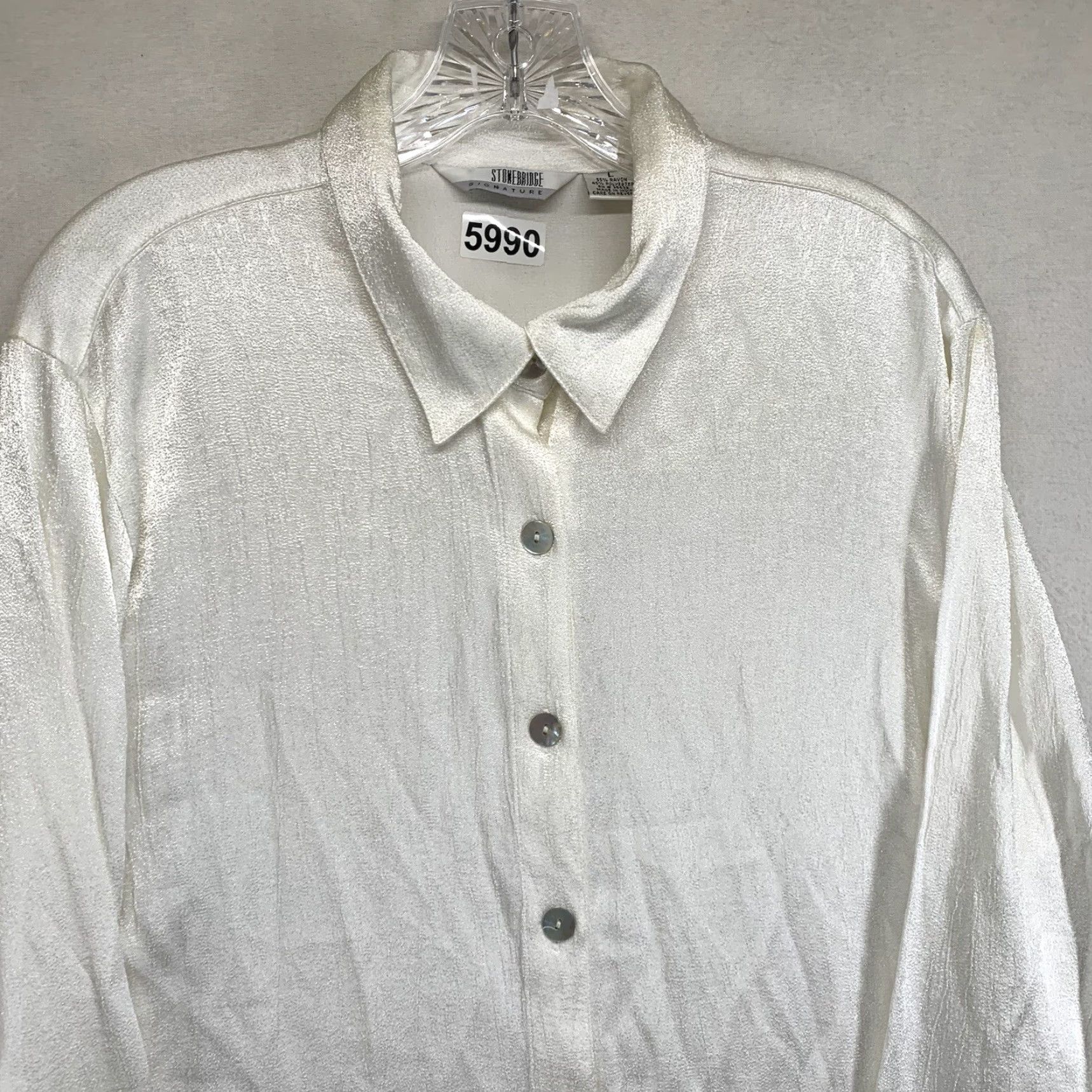 Vintage VINTAGE Stonebridge Women’s Button-Up White Satin Long Sleeve Collared Top L Casual Shirt Angel 80s 90s Classic Couture Shell Princess Size L / US 10 / IT 46 - 3 Thumbnail