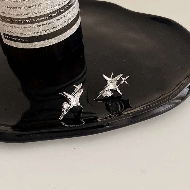 Jewelry Silver Color Four Point Star Zircon Stud Earrings Size ONE SIZE - 6 Thumbnail