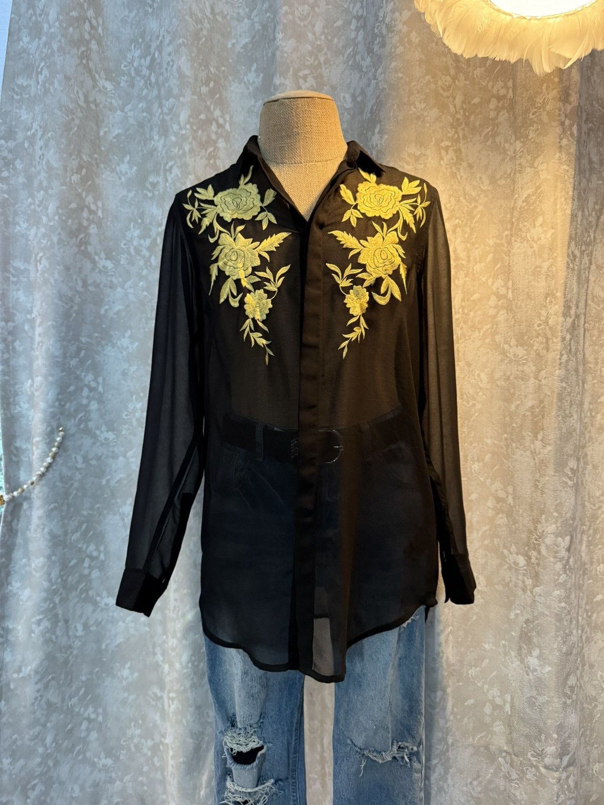 Sheer Black Button-Up Shirt with Gold Floral Embroidery