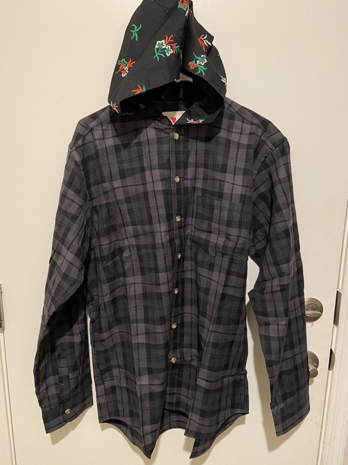 Emotionally Unavailable Gray Flannel Pattern Floral Hooded Button Down Shirt Size US XL / EU 56 / 4 - 1 Thumbnail