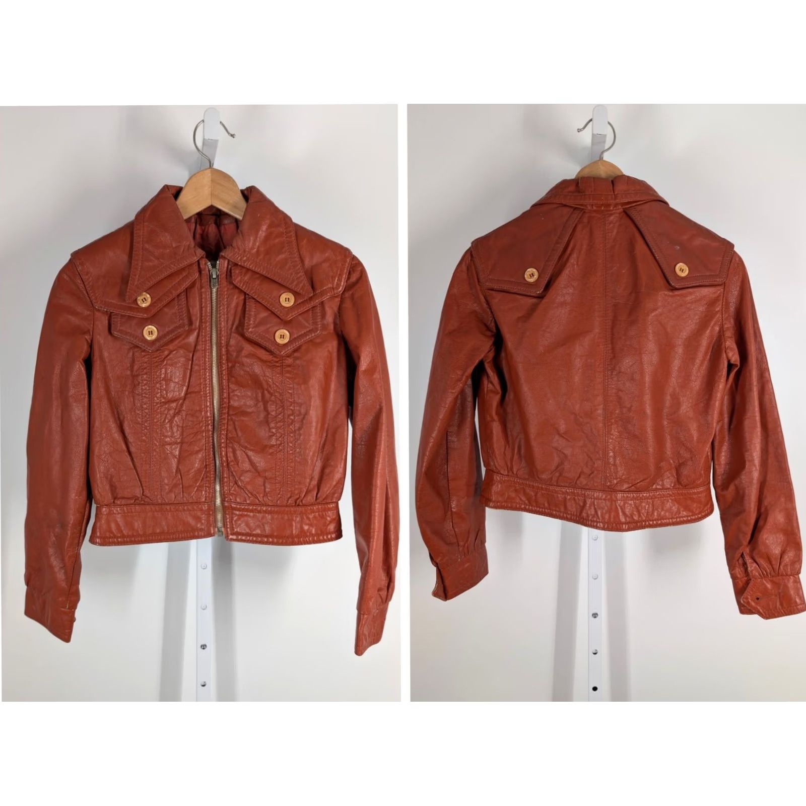 Vintage VINTAGE Jonathan Legault Leather Jacket Mod Avant-garde Disco Collar Brown 1970s 34 Mens Size XXS / US 00 / IT 34 - 2 Thumbnail
