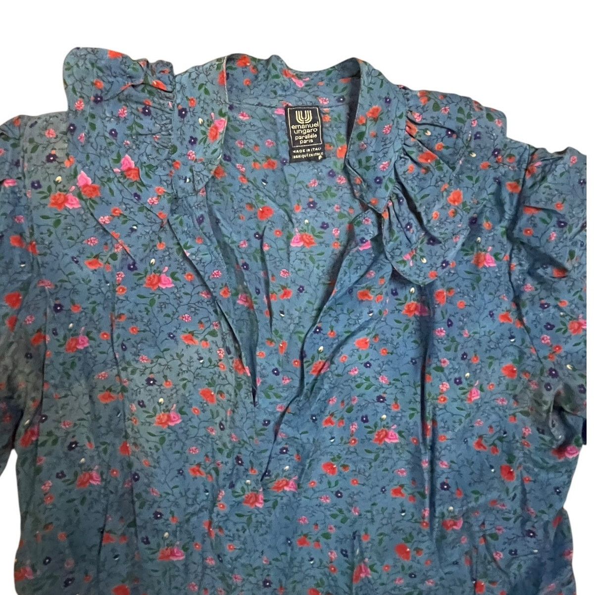 Emanuel Ungaro Emanuel Ungaro Blue Floral Ruffled V-Neck Dress Size M Size M / US 6-8 / IT 42-44 - 4 Thumbnail
